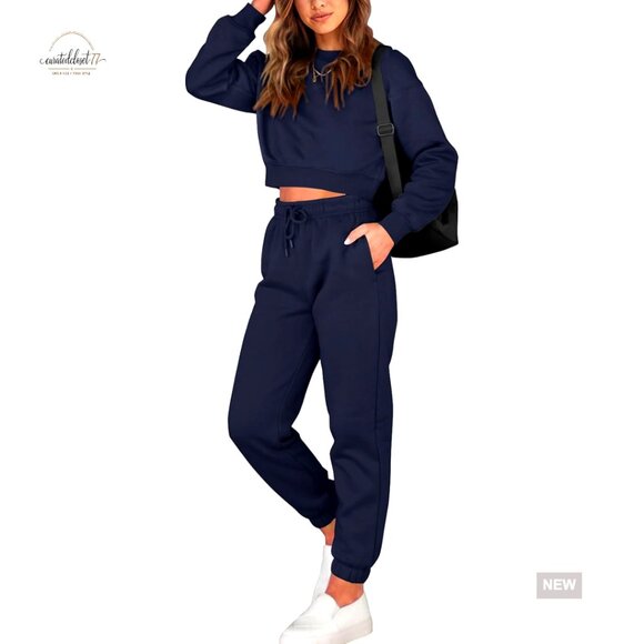 Long Sleeve Crop Top Jogger Set with Pockets Relaxed Fit Tracksuit